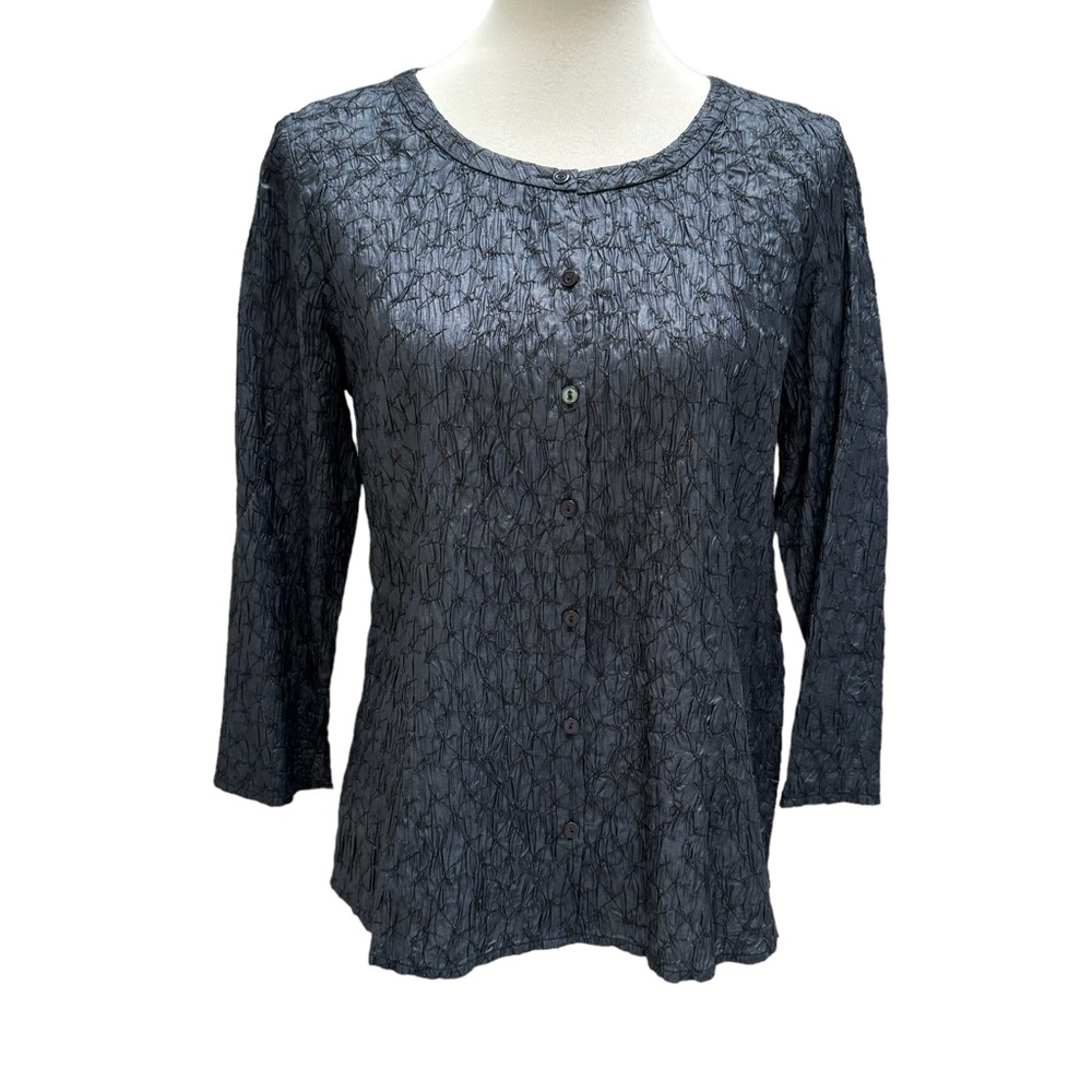 Eileen Fisher Scrumple Silk Tussah button down blouse in navy size small